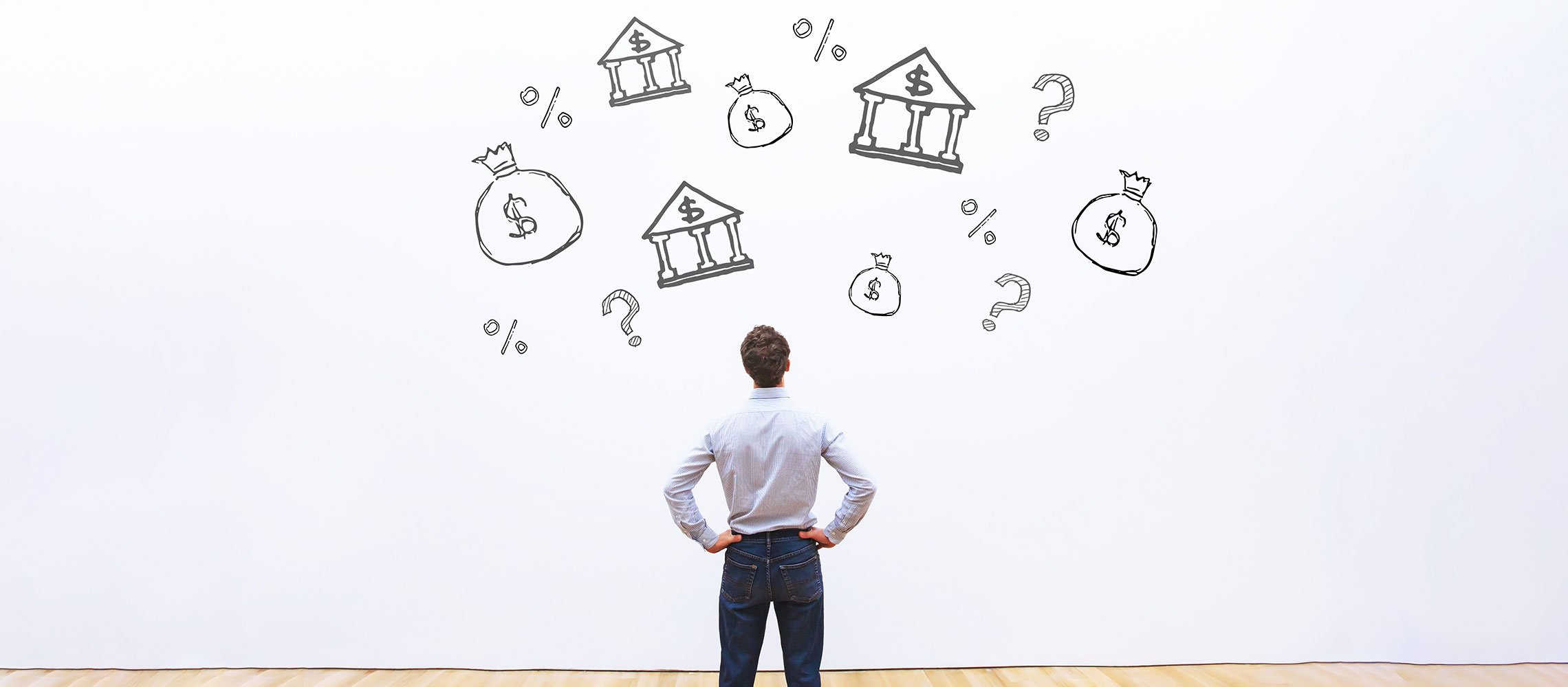 man looking at whiteboard with bank illustrations