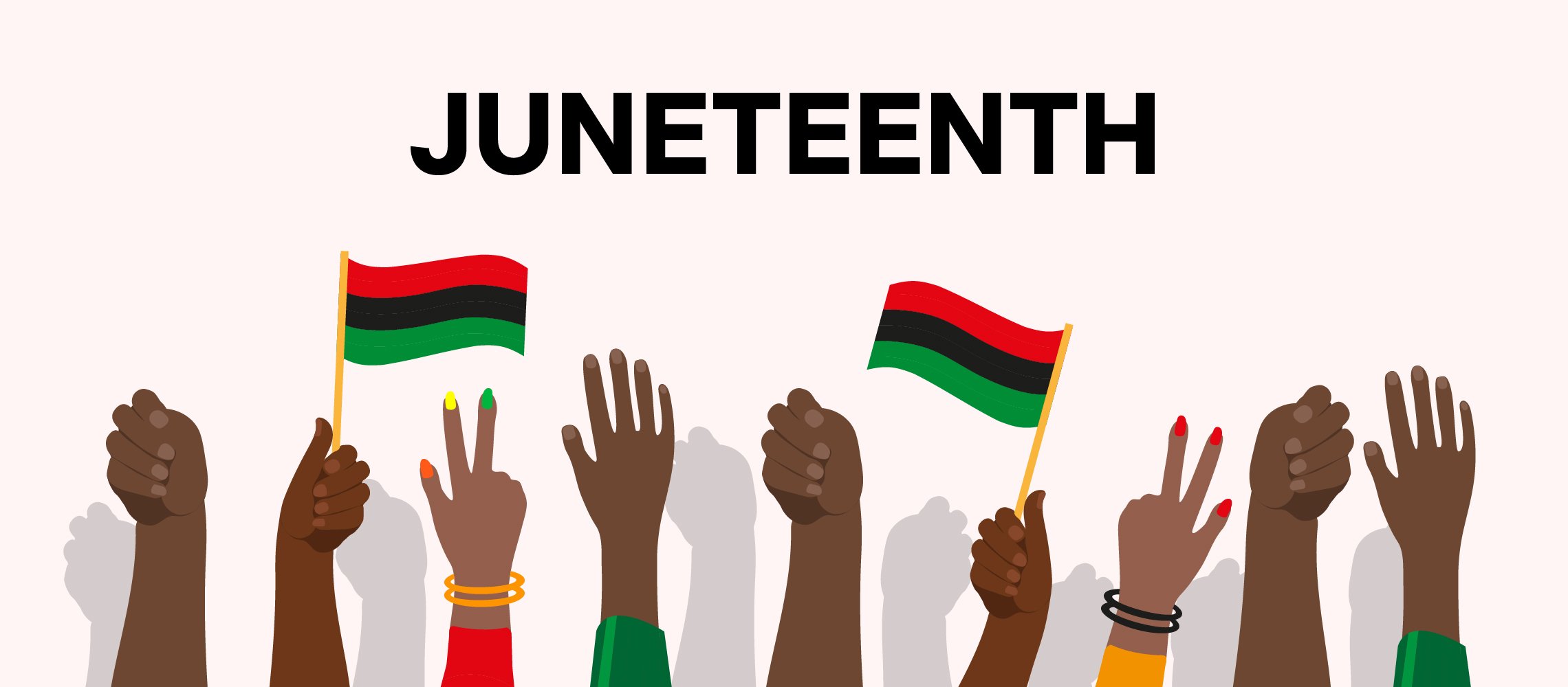 Juneteenth in bold letters. Below that, an assortment of black hands held in fists, peace signs, or holding a Juneteenth flag. 