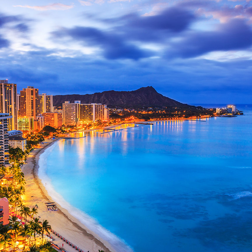 night skyline of Diamond Head and Waikiki