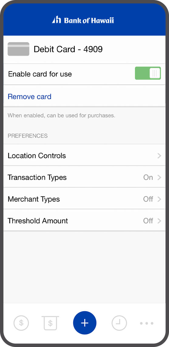 card controls screen
